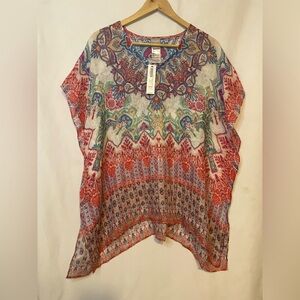 NWT CATO S/M Multicolor  PAISLEY  V-NECK 100% Linen TUNIC A050